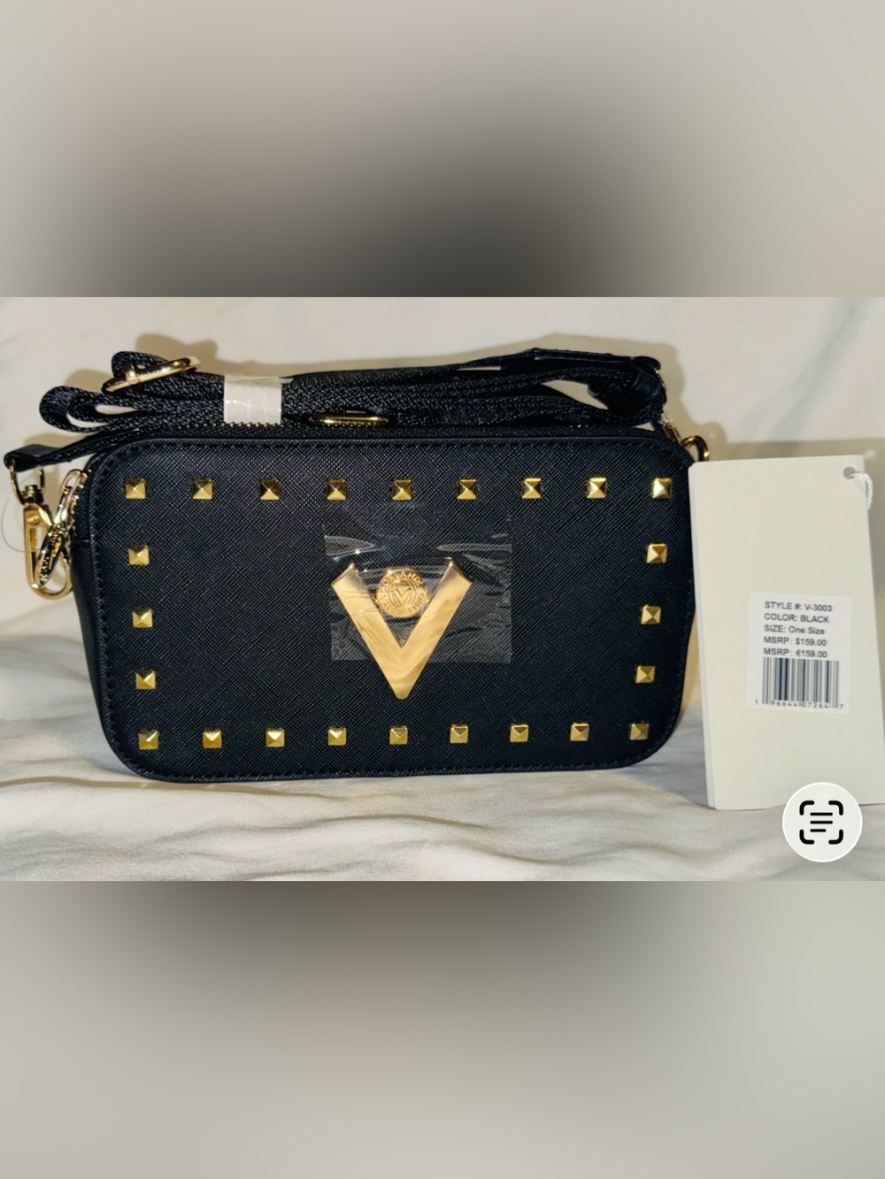 Valentino Orlandi Black Studded Crossbody Camera Bag with Gold V Emblem.